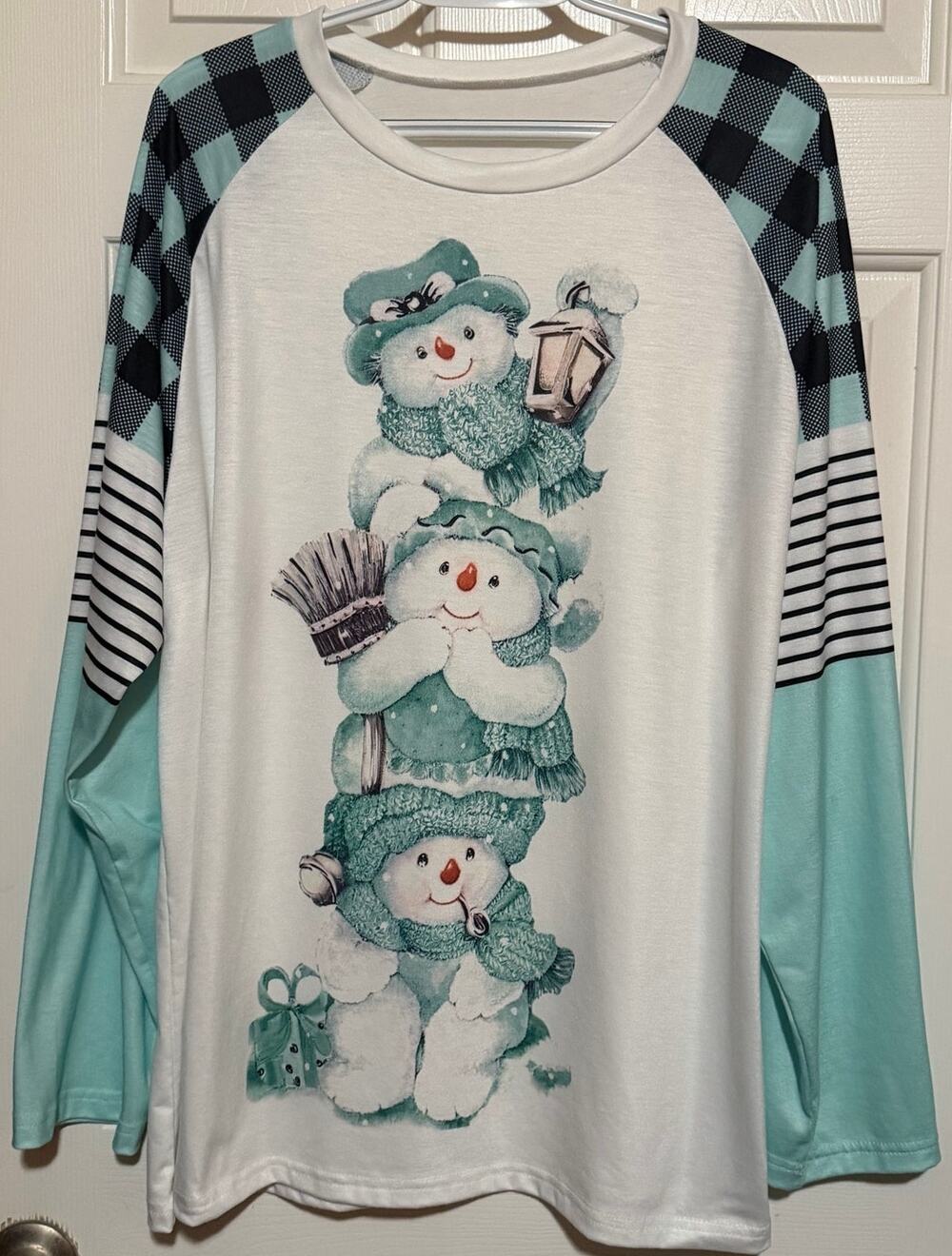 Stacked Snowman Color Blocked Plaid Raglan Long Sleeves Women's‎ Tunic Size 2XL